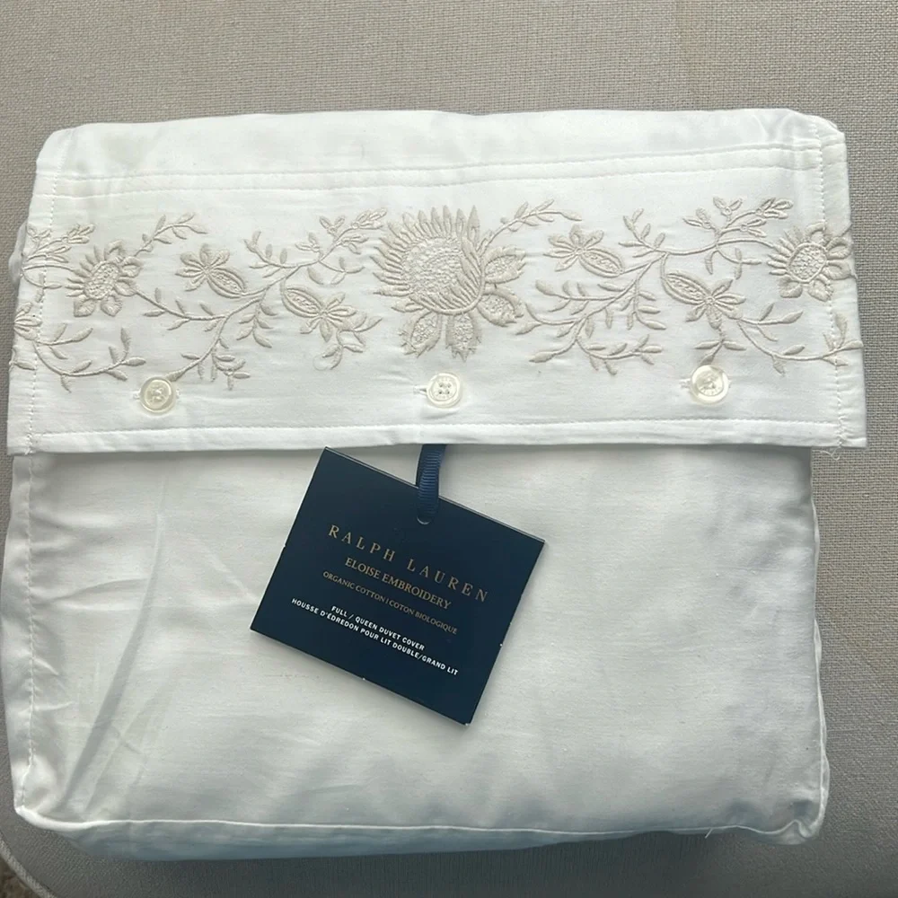 Ralph Lauren Eloise Embroidery Organic Cotton Duvet in Platinum Full/Queen NWT
